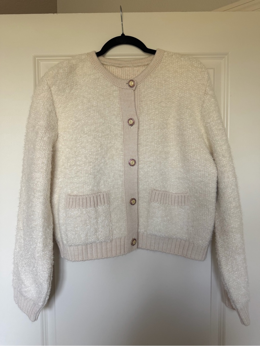 “Designer Inspired” Bouclé Cream Button-Front Cardigan Sweater size 12-14